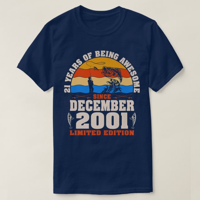 T-shirt Retro December 2001 21 Year Old Fishing Lover 21st (Design devant)