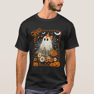T-shirt Rétro Floral Cute Ghost Citrouille Automne Hallowe