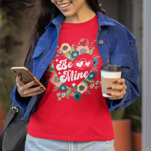 T-shirt Retro Floral Heart Be Mine Red Valentine's Day