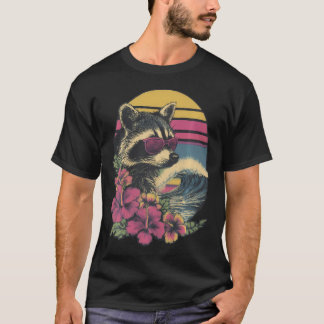 T-shirt Rétro Floral Raton Laveur Avec Fleurs D'Hibiscus É
