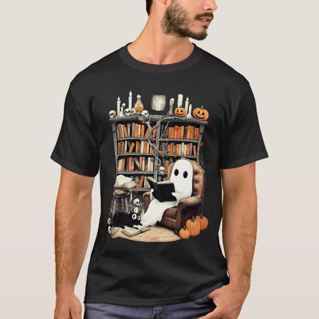 T-shirt Retro Ghost Reading Books Halloween (Devant)