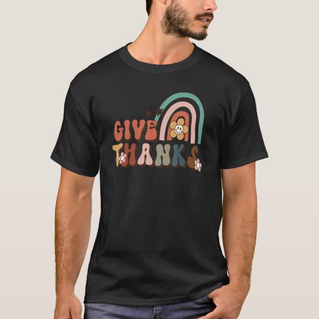 T-shirt Retro Groovy Give Thanks Rainbow Flower Fall Thank (Devant)