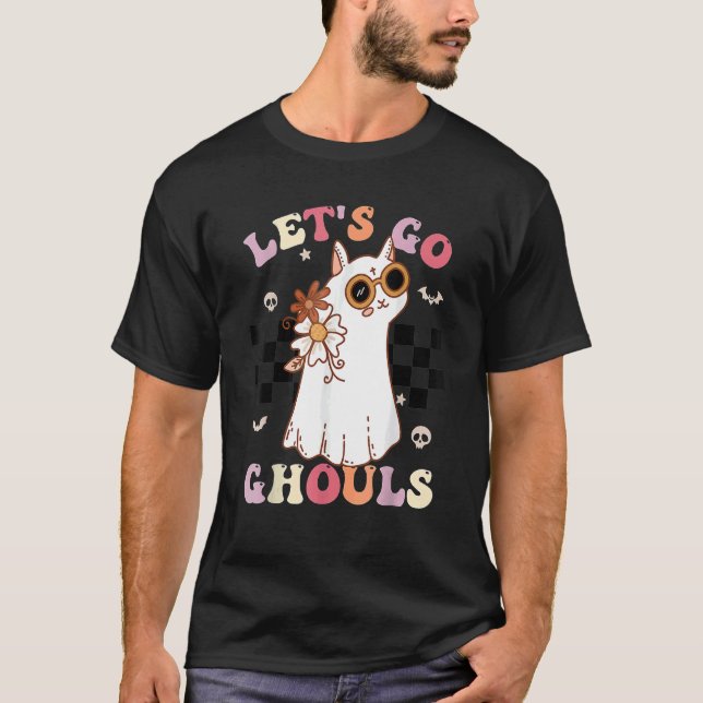 T-shirt Retro Groovy Let's Go Ghouls Halloween Ghost Cat C (Devant)