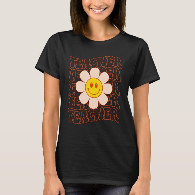 T-shirt Retro Groovy Teacher Happy Face Cute Daisy Flower  (Devant)
