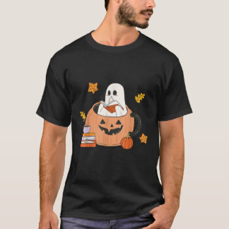 T-shirt Retro Halloween Citrouille Cup Cute Ghost Reading
