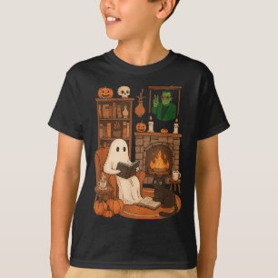 T-shirt Rétro Halloween Cozy Ghost Reading Book By 90s Fra