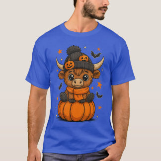 T-shirt Retro Halloween Highland Cow Pumpkin Fall Cowhanks