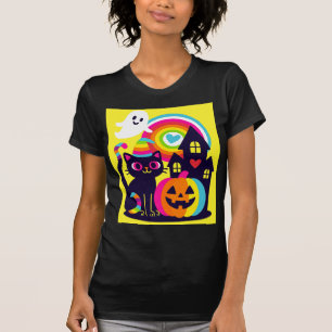 T-shirt Retro Halloween Kawaii Chat noir, design Citrouill