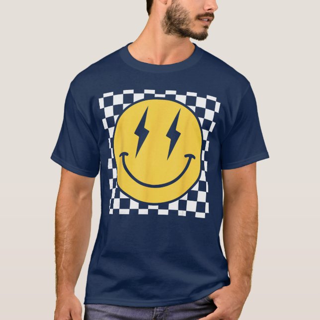 T-shirt Retro Happy Face Distressed Checkered Pattern Smil (Devant)