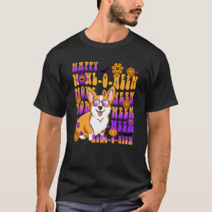 T-shirt Rétro Happy Howl o ween Corgi chien  Fleur Groovy