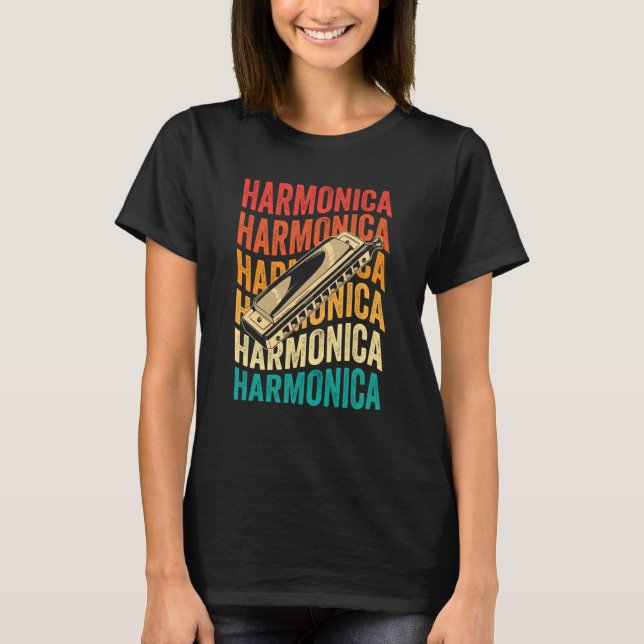 T-shirt Retro Harmonica Harp Player (Devant)
