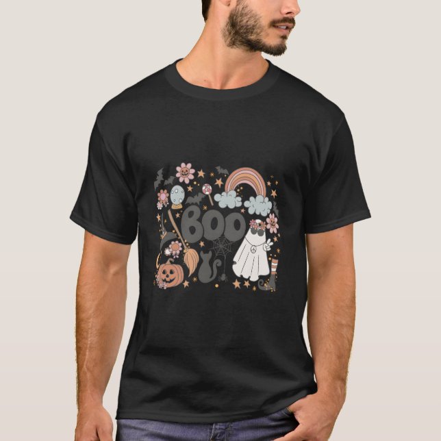 T-shirt Retro Hey Boo Floral Ghost Witch Citrouille Hallow (Devant)