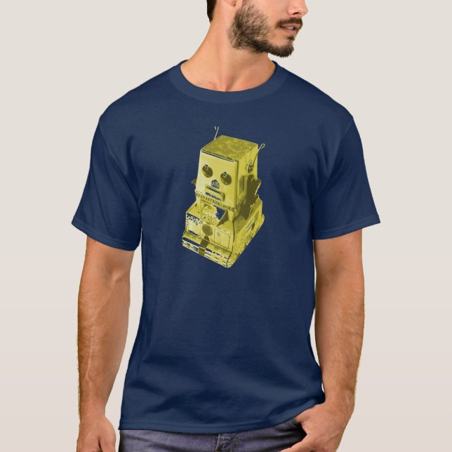 T-shirt Rétro jaune de jouet de robot sur le bleu (Devant)
