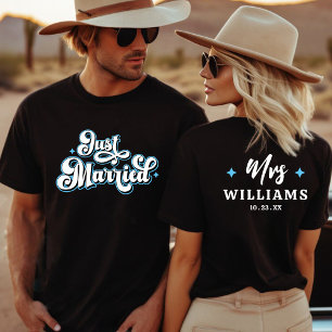 T-shirt Retro Just Married Mr et Mrs Blue Black & White