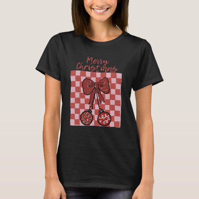 T-shirt Retro Merry Christmas Bow and Ornaments Design (Devant)