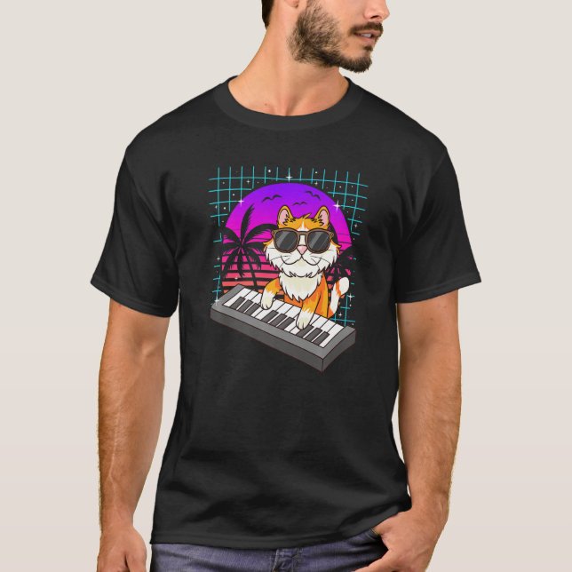 T-shirt Retro Music Synthétiseurs de chats Clavier Été Fem (Devant)