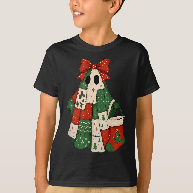 T-shirt Retro Patchwork Christmas Ghost Coquette Bow X-mas (Devant)