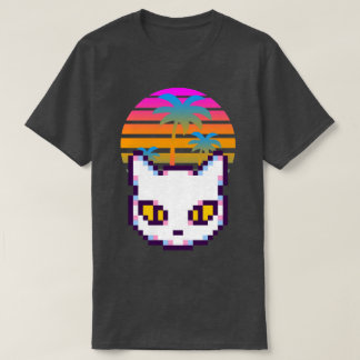 T-shirt Retro Pixel Kitty Cat Palm Trees Sunset