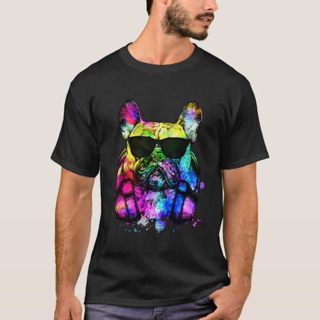 T-shirt Retro Pop French Bulldog Dog Portrait with Headpho (Devant)