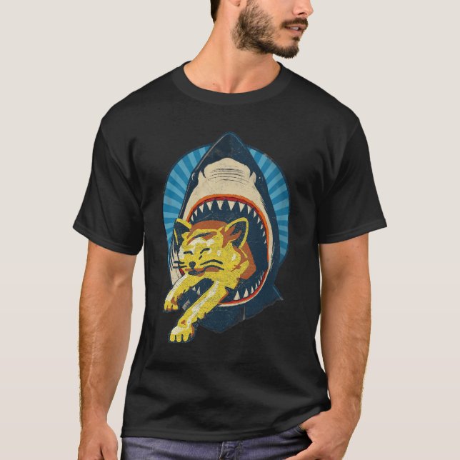 T-shirt Retro Shark Eating Cat Ocean Predator Attack Anima (Devant)