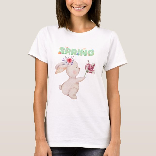 T-shirt Retro Spring Bunny with Tulip Graphic Tee (Devant)