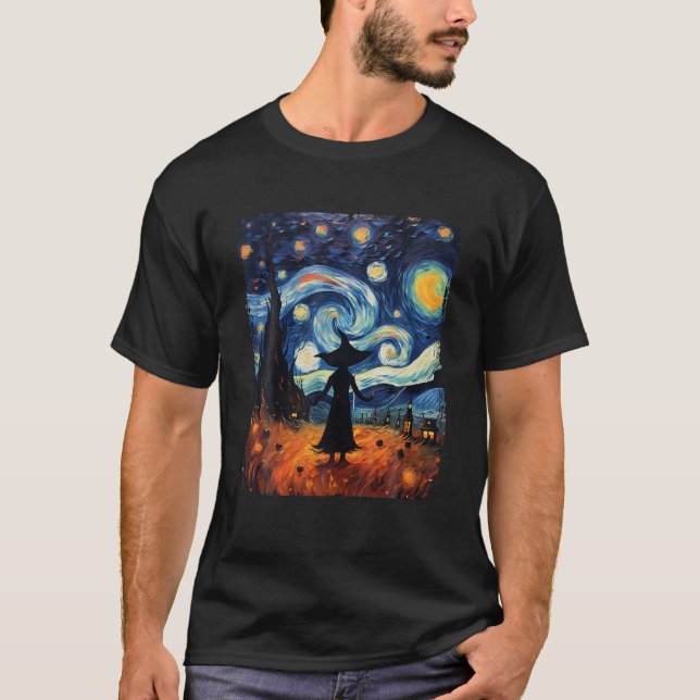 T-shirt Retro Starry Night Van Gogh Witch Halloween Art Pa (Devant)