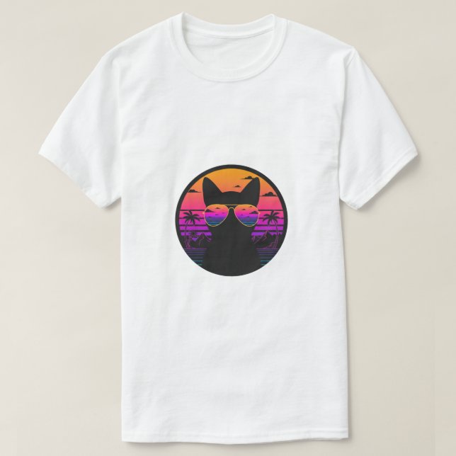 T-shirt Retro Sunset Cat Aviator Sunglasses Vaporwave  (Design devant)
