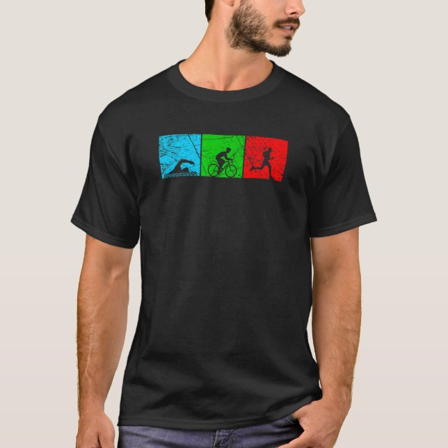 T-shirt Retro Swim Bike Run Triathlon Sport Athlétisme Hom (Devant)