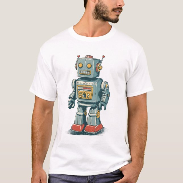 T-shirt Retro Tin Robot — 1950s Cartoon Mech with Red Boot (Devant)