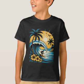 T-shirt Retro Tropical Surfer Vintage Sunset Wave Hibiscus