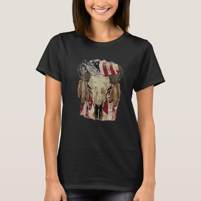 T-shirt Rétro Us Flag Boho Skull Western Country Cowgirl W (Devant)