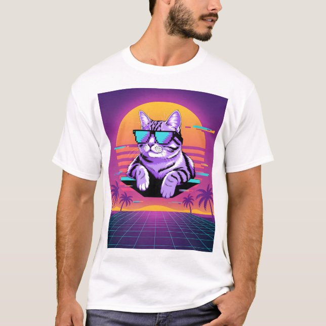 T-shirt Retro vaporwave cat (Devant)
