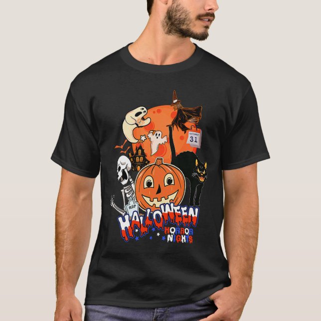 T-shirt Retro Witch Citrouille Chat noir Skeleton Hall (Devant)