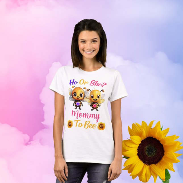 T-shirt Révéler le genre Lui ou Elle maman à Abeille Femme (Gender Reveal He or She Mommy to Bee Womens White T-Shirt)