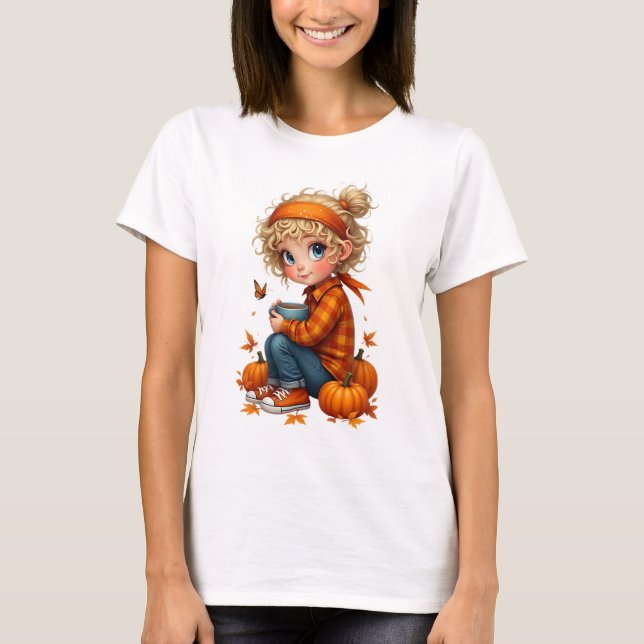 T-shirt Rêves d'automne : Fille Whimsical avec cacao chaud (Devant)