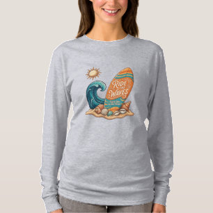 T-shirt Ride the Waves Surfboard Illustration - Long Sleev