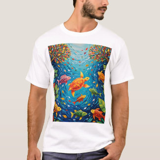 T-shirt River of Life - Gond Art with Fish, Birds and Tur