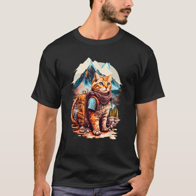 T-shirt Roaming Peaks Tourist Cat Backpacking Design (Devant)