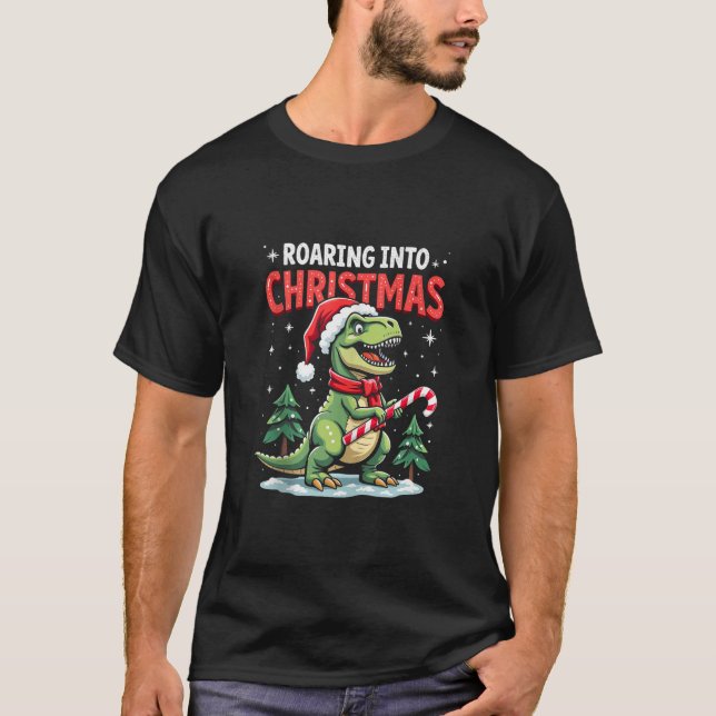 T-shirt Roaring into Christmas T Rex Santa Hat Candy Cane  (Devant)