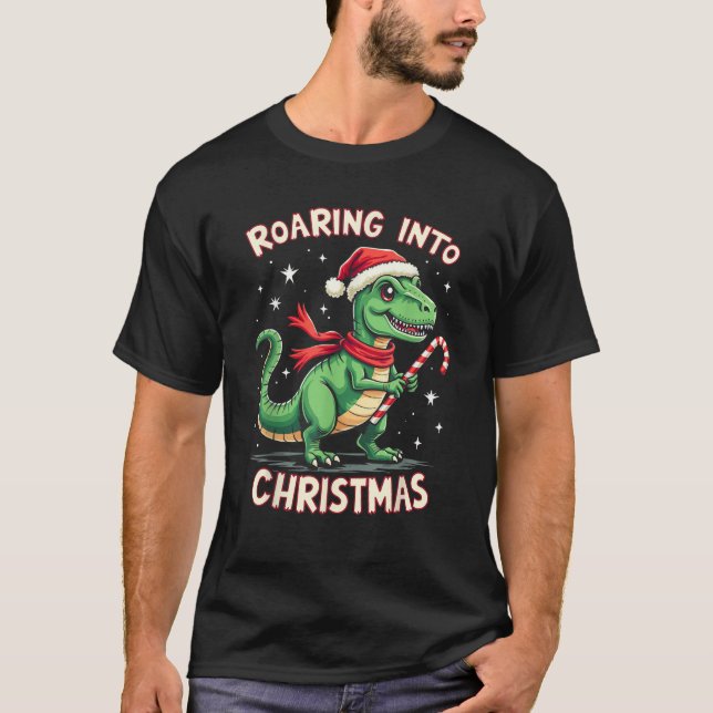 T-shirt Roaring into Christmas T Rex Santa Hat Candy Cane  (Devant)