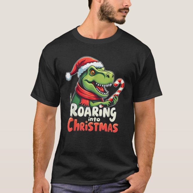 T-shirt Roaring into Christmas T Rex Santa Hat Candy Cane  (Devant)