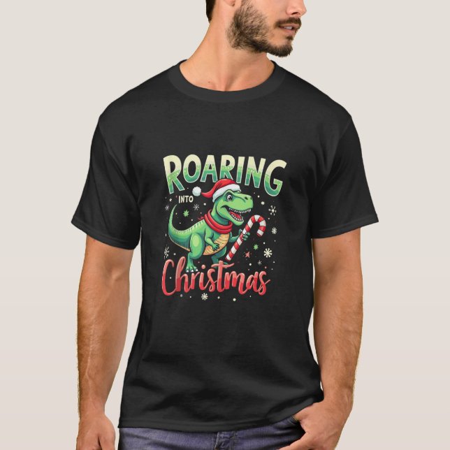 T-shirt Roaring into Christmas T Rex Santa Hat Candy Cane  (Devant)
