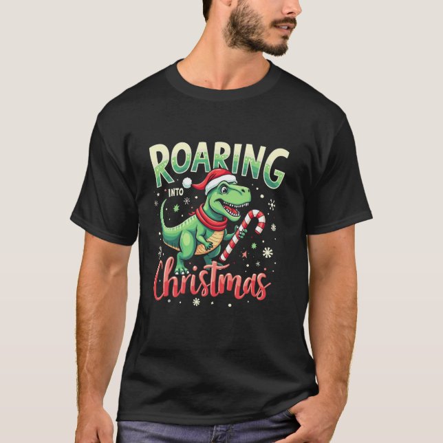 T-shirt Roaring into Christmas T Rex Santa Hat Candy Cane  (Devant)
