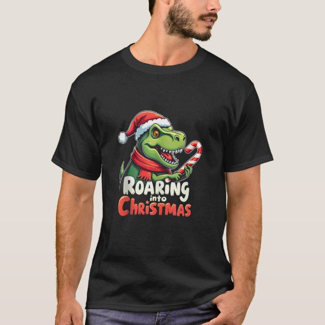 T-shirt Roaring into Christmas T Rex Santa Hat Candy Cane  (Devant)