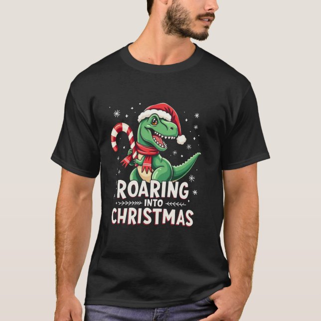 T-shirt Roaring into Christmas T Rex Santa Hat Candy Cane  (Devant)
