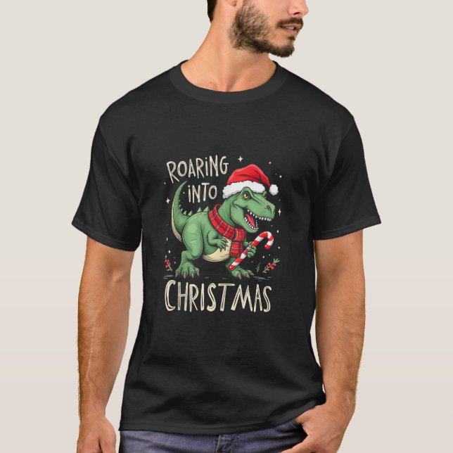 T-shirt Roaring into Christmas T Rex Santa Hat Candy Cane  (Devant)
