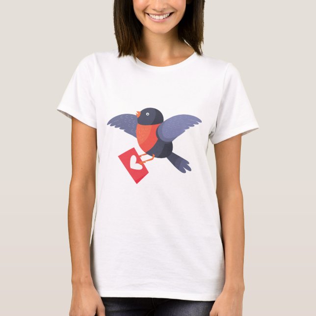T-shirt Robin Bird Flying with Red Heart Love Letter (Devant)