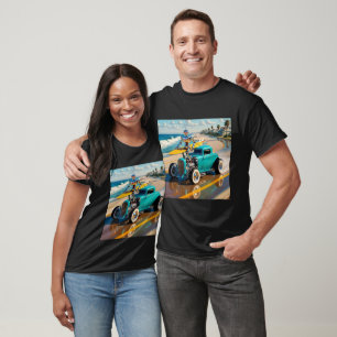 T-shirt Robot avec planche de surf sur une voiture vintage