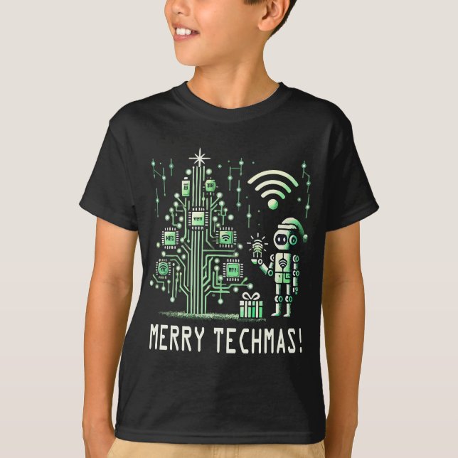 T-shirt Robot IA avec sapin de Noël technologique – Joyeux (Devant)