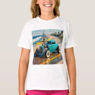 T-shirt Robot vintage avec planche de surf, sur la plage